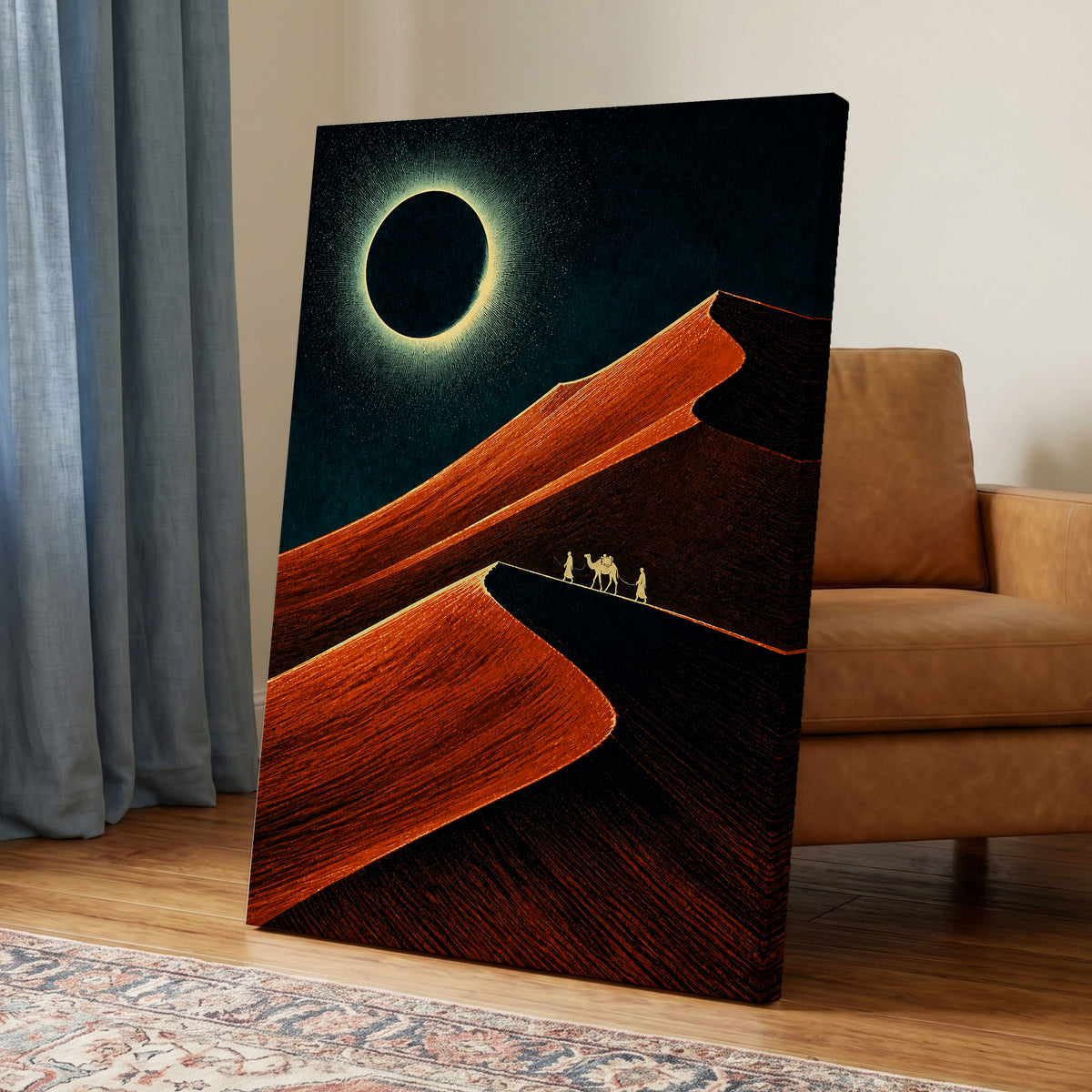 Caravan Beneath the Eclipse, orange, black, blue nature wall art displayed in a styled interior, gallery view 7