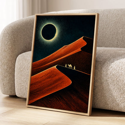 Caravan Beneath the Eclipse, orange, black, blue nature wall art displayed in a styled interior, gallery view 8