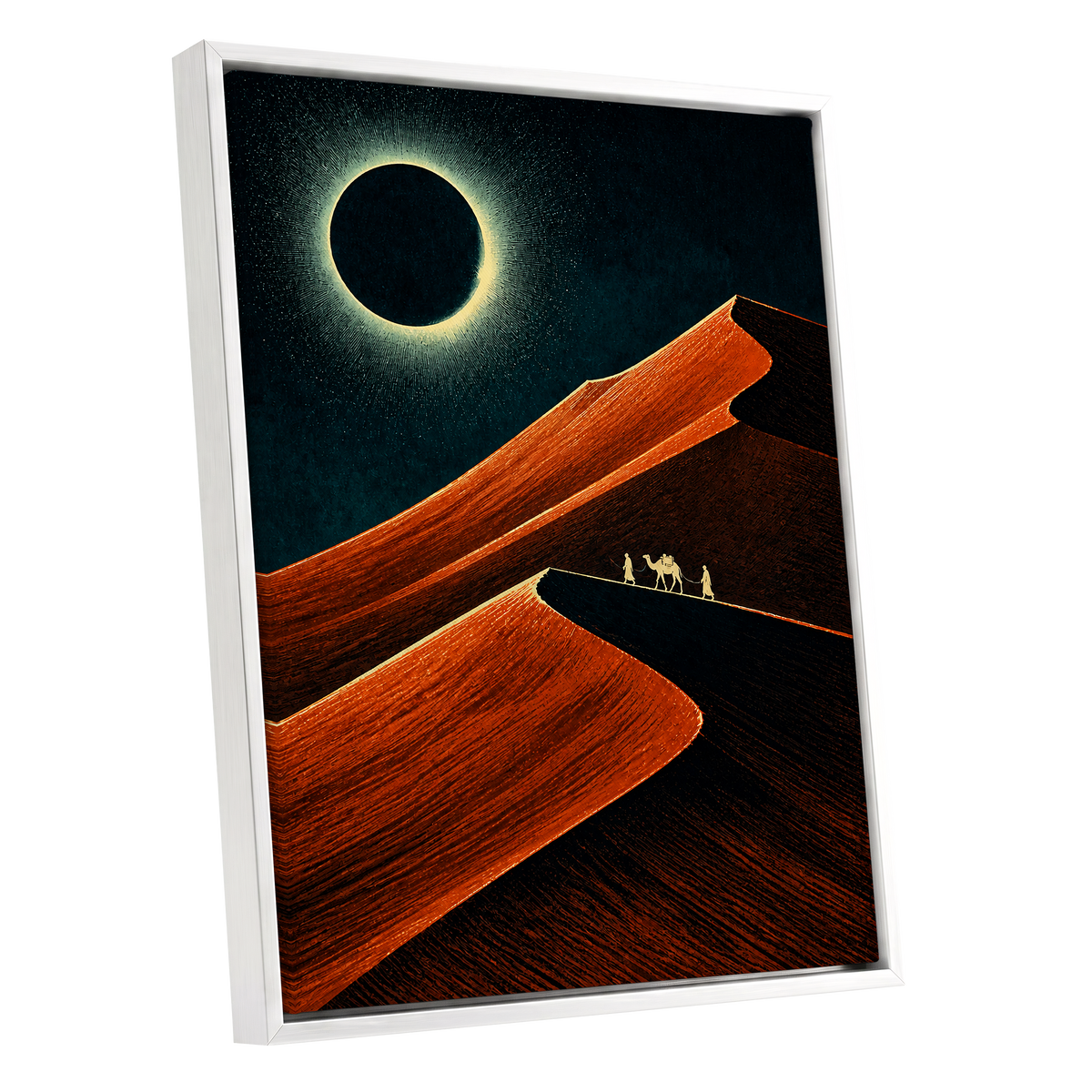 Caravan Beneath the Eclipse, orange, black, blue nature wall art shown as a white framed canvas wall art