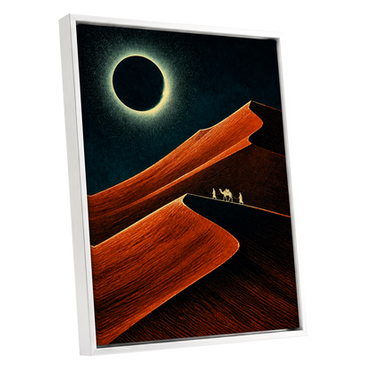 Caravan Beneath the Eclipse, orange, black, blue nature wall art shown as a white framed canvas wall art