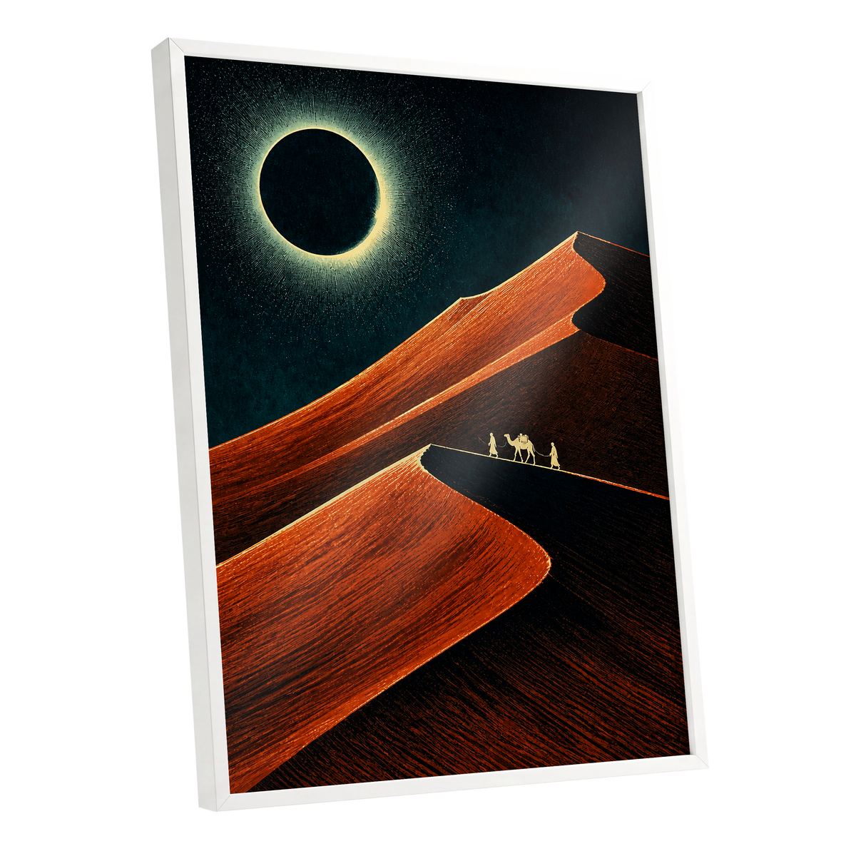 Caravan Beneath the Eclipse, orange, black, blue nature wall art shown as a white framed poster wall art print