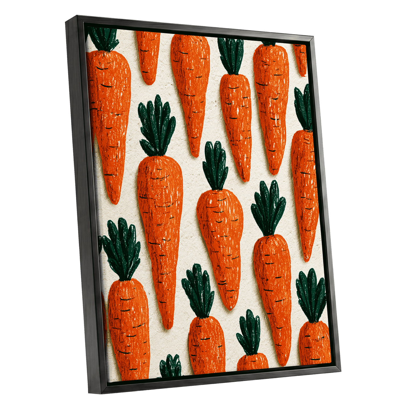 Carrot Patch Parade, orange, green, beige nature wall art shown as a black framed canvas wall art