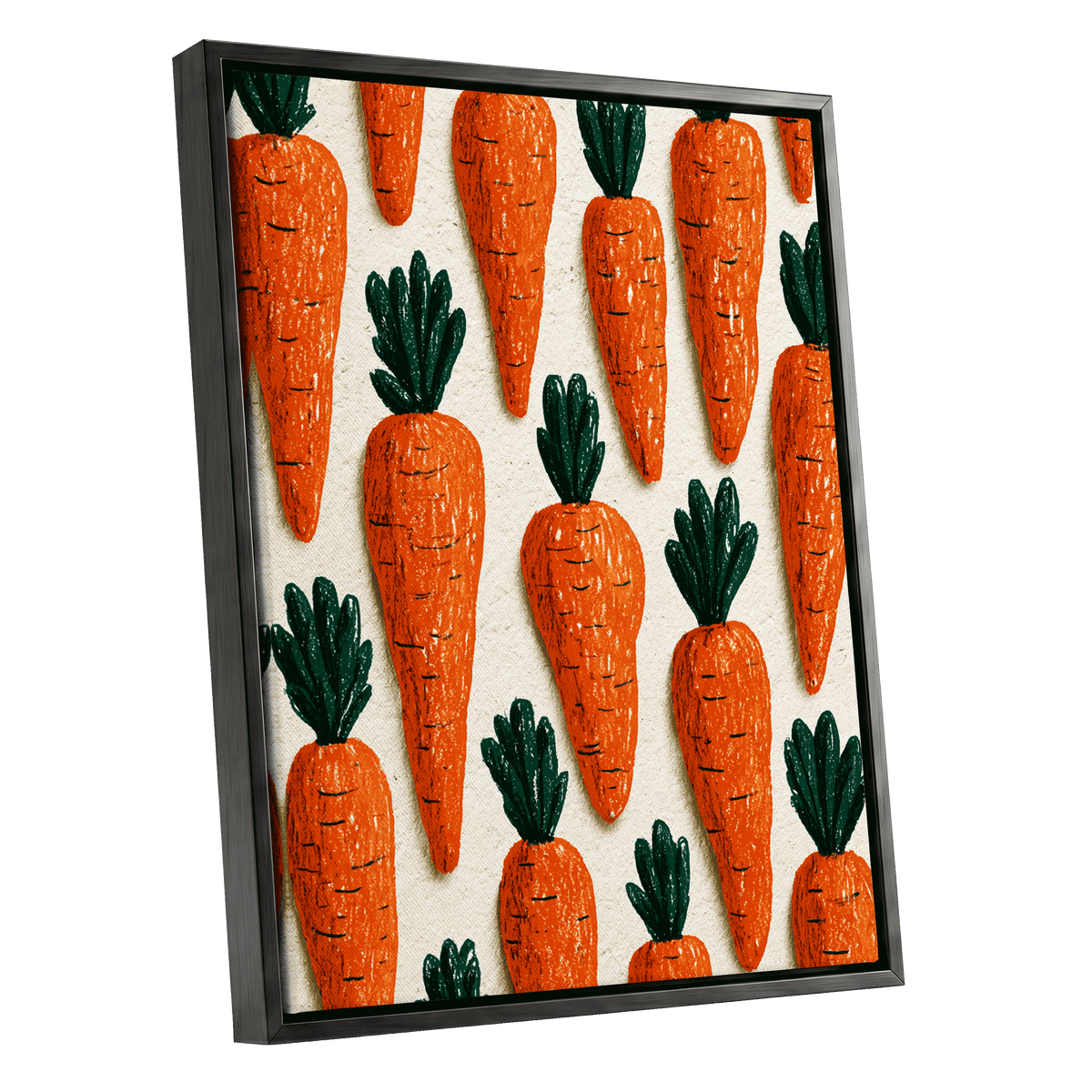 Carrot Patch Parade, orange, green, beige nature wall art shown as a black framed canvas wall art