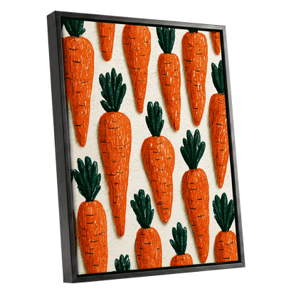 Carrot Patch Parade, orange, green, beige nature wall art shown as a black framed canvas wall art