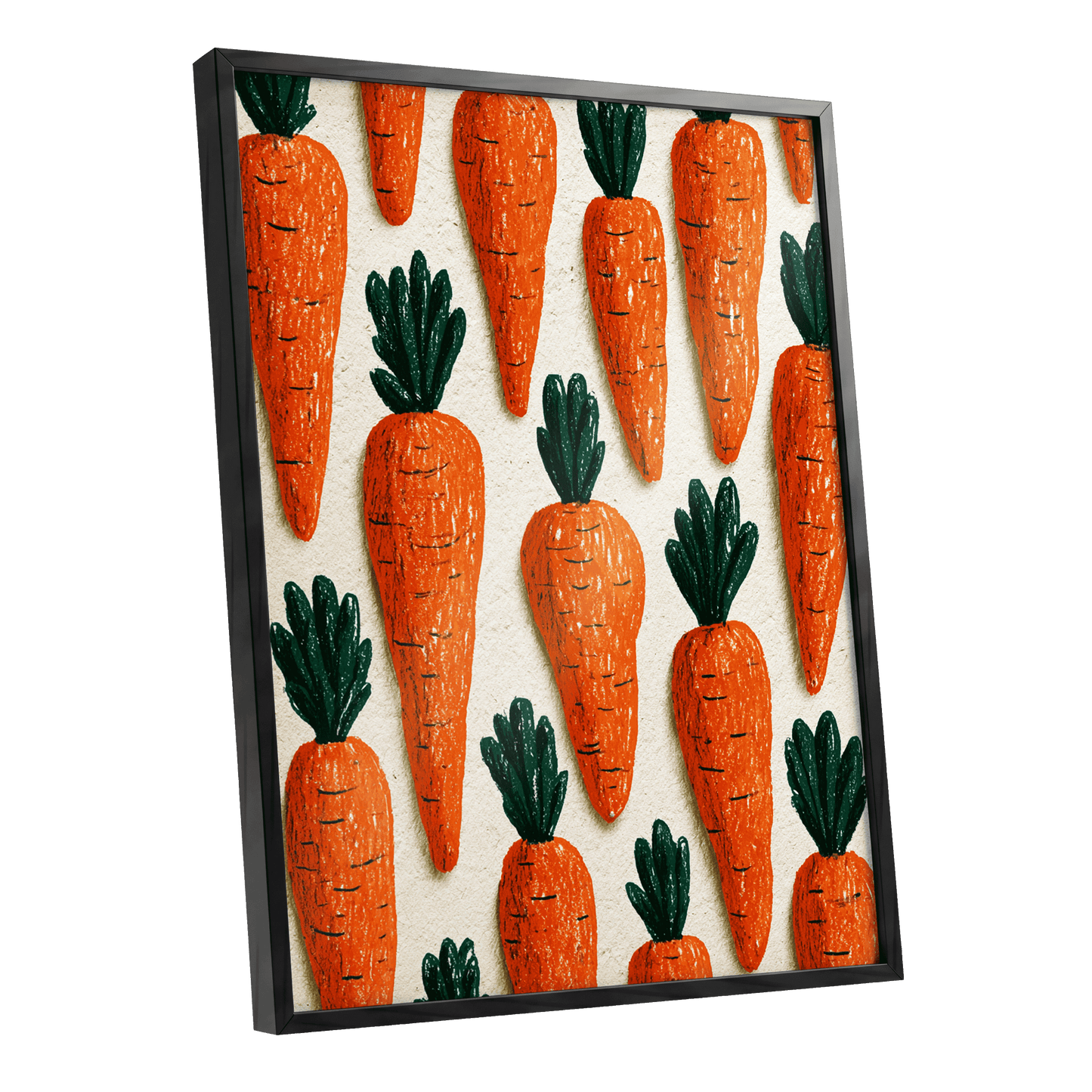 Carrot Patch Parade, orange, green, beige nature wall art shown as a black framed poster wall art print