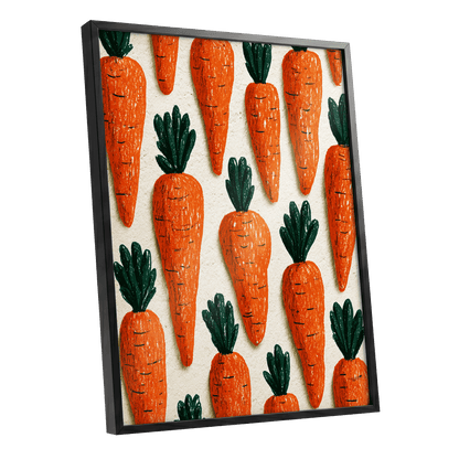 Carrot Patch Parade, orange, green, beige nature wall art shown as a black framed poster wall art print