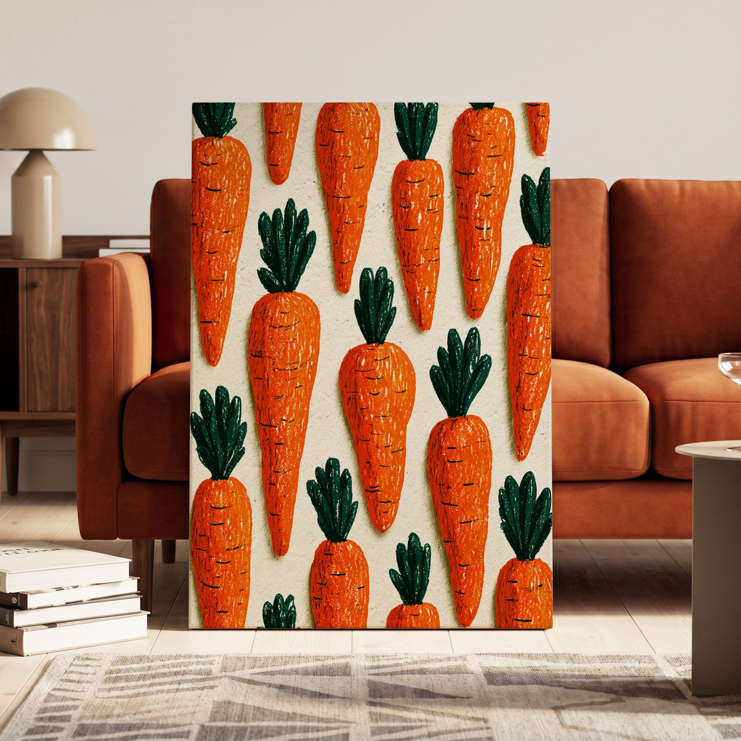 Carrot Patch Parade, orange, green, beige nature wall art on canvas displayed in a styled interior, gallery view 1