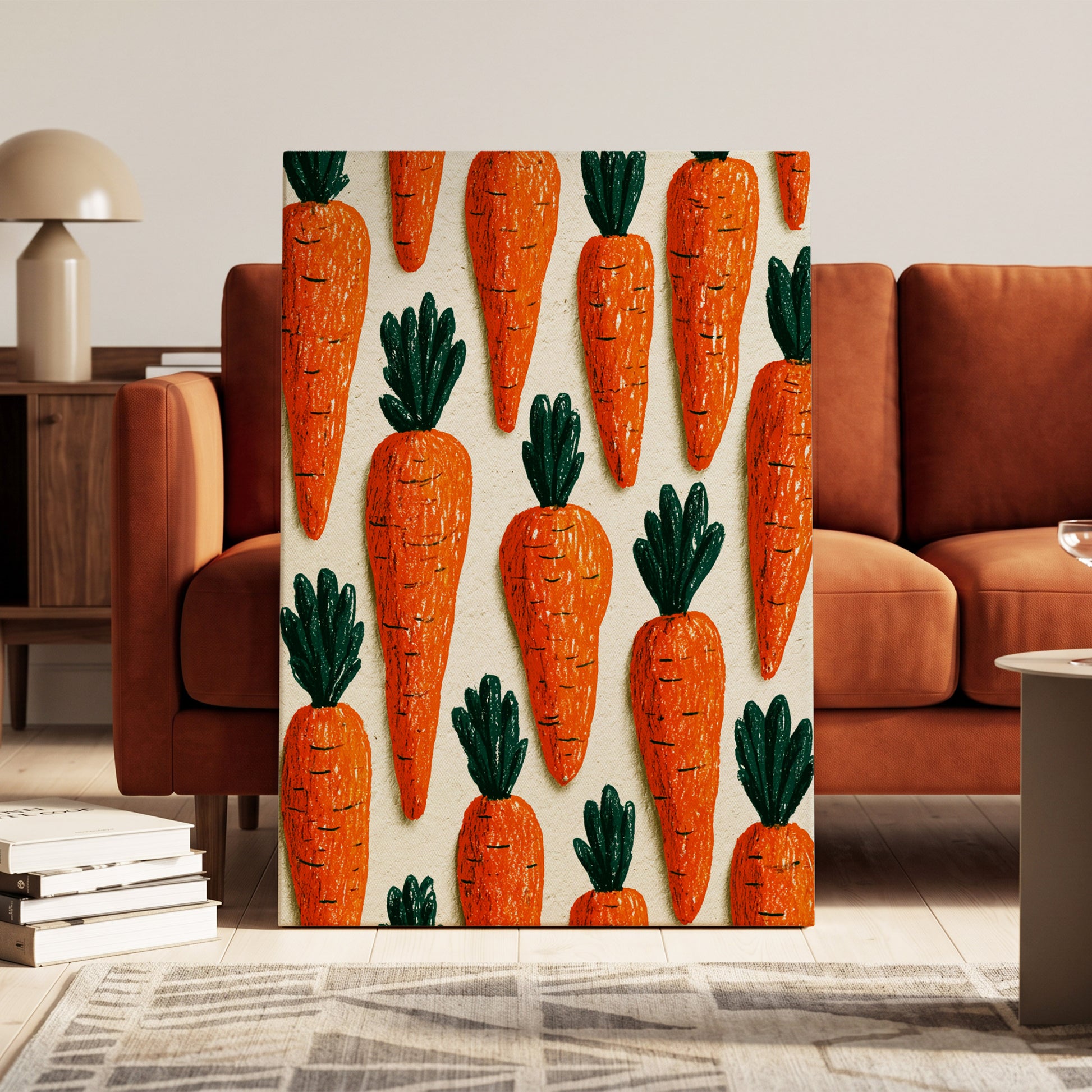 Carrot Patch Parade, orange, green, beige nature wall art on canvas displayed in a styled interior, gallery view 1