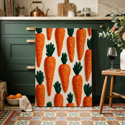 Carrot Patch Parade, orange, green, beige nature wall art on canvas displayed in a styled interior, gallery view 2