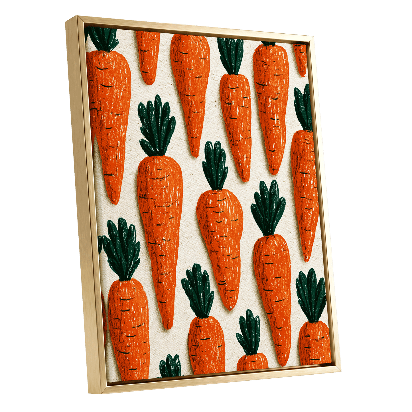 Carrot Patch Parade, orange, green, beige nature wall art shown as a gold framed canvas wall art