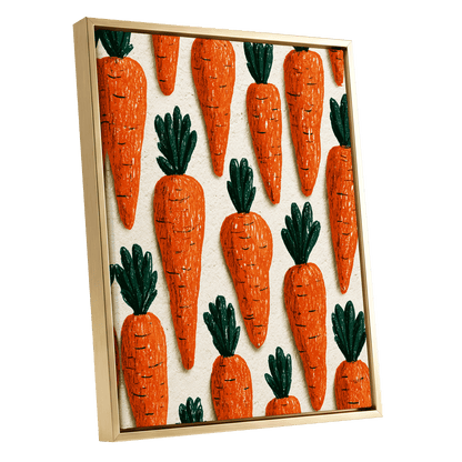 Carrot Patch Parade, orange, green, beige nature wall art shown as a gold framed canvas wall art