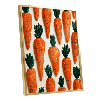 Carrot Patch Parade, orange, green, beige nature wall art shown as a gold framed poster wall art print