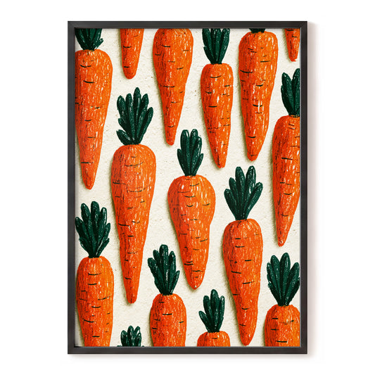 Carrot Patch Parade, orange, green, beige nature wall art, front artwork view