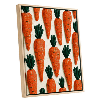 Carrot Patch Parade, orange, green, beige nature wall art shown as a oak framed canvas wall art