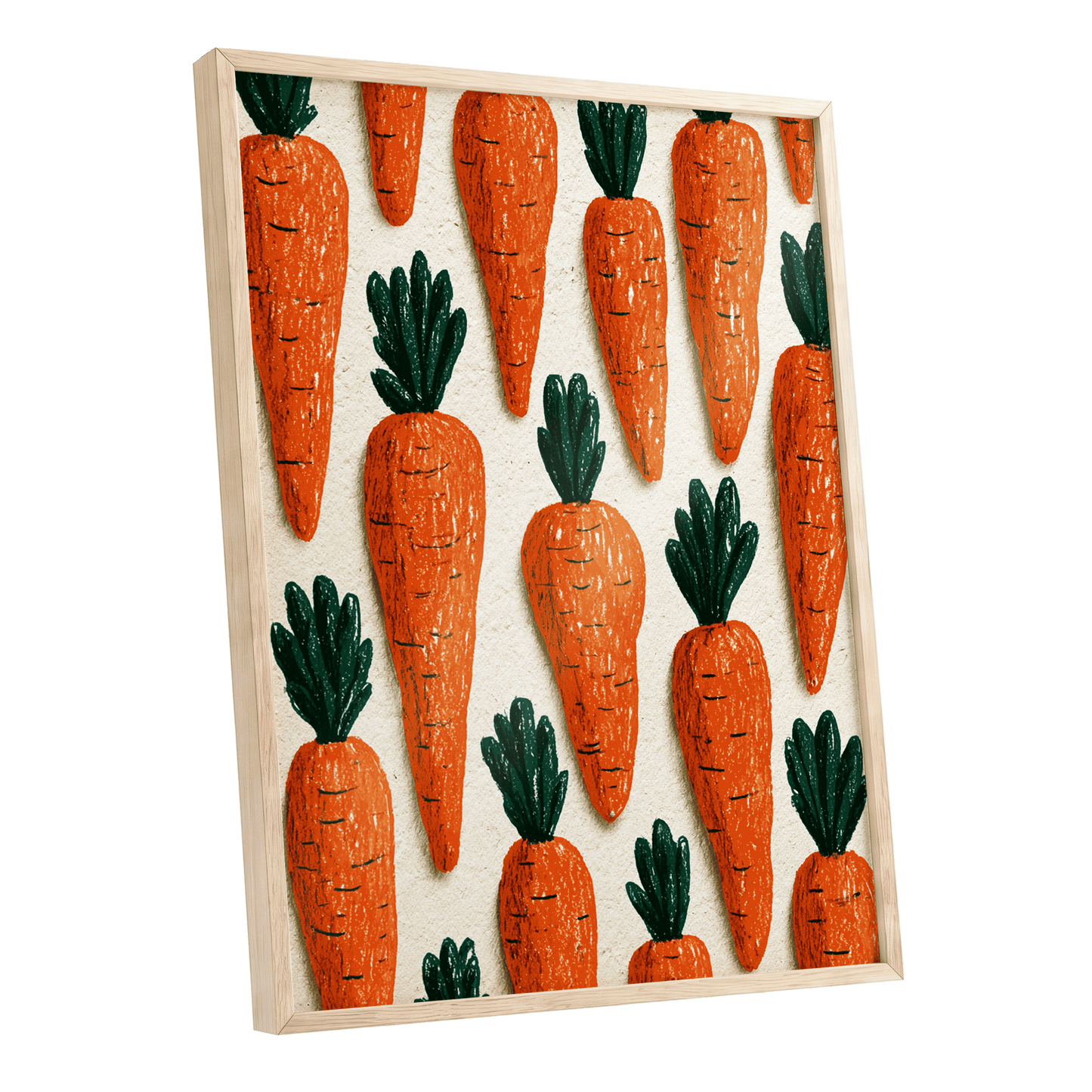 Carrot Patch Parade, orange, green, beige nature wall art shown as a oak framed poster wall art print
