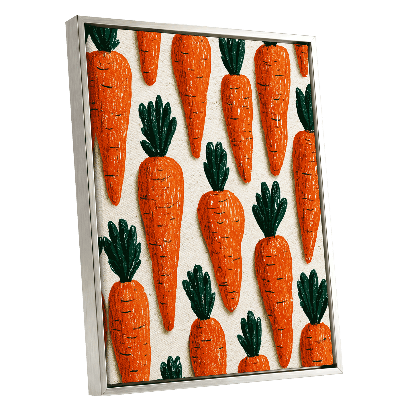 Carrot Patch Parade, orange, green, beige nature wall art shown as a silver framed canvas wall art