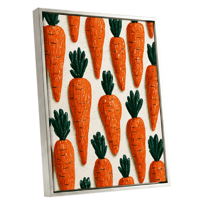Carrot Patch Parade, orange, green, beige nature wall art shown as a silver framed canvas wall art