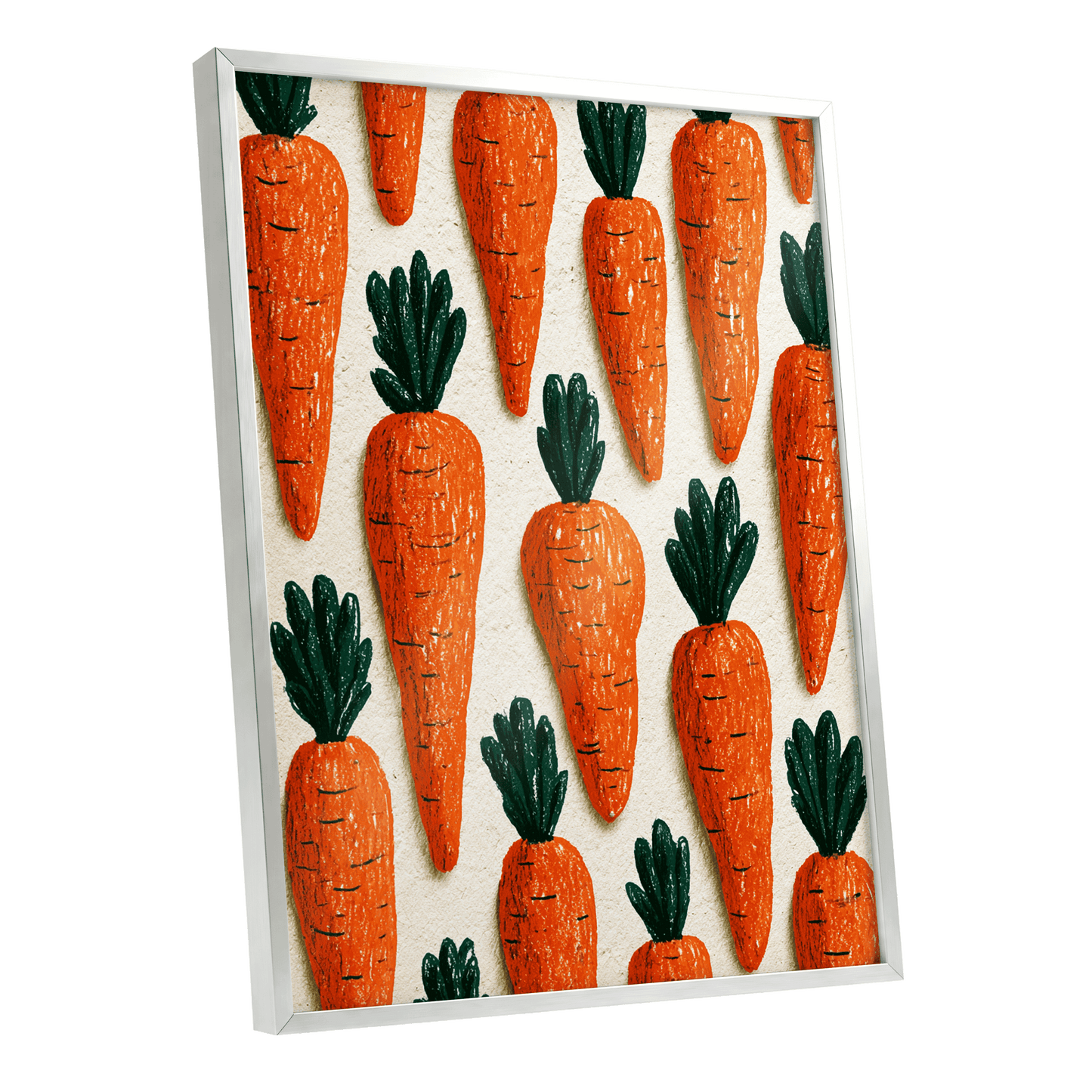 Carrot Patch Parade, orange, green, beige nature wall art shown as a silver framed poster wall art print