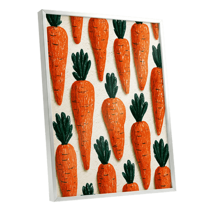Carrot Patch Parade, orange, green, beige nature wall art shown as a silver framed poster wall art print