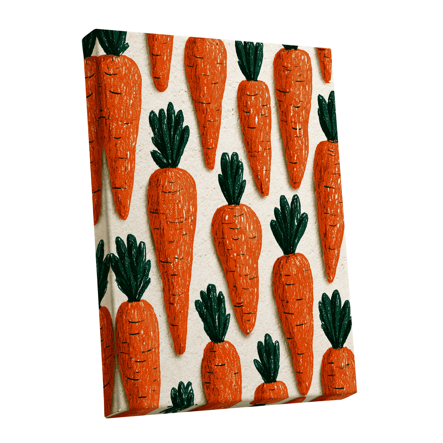 Carrot Patch Parade, orange, green, beige nature wall art shown as a stretched canvas wall art