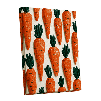 Carrot Patch Parade, orange, green, beige nature wall art shown as a stretched canvas wall art