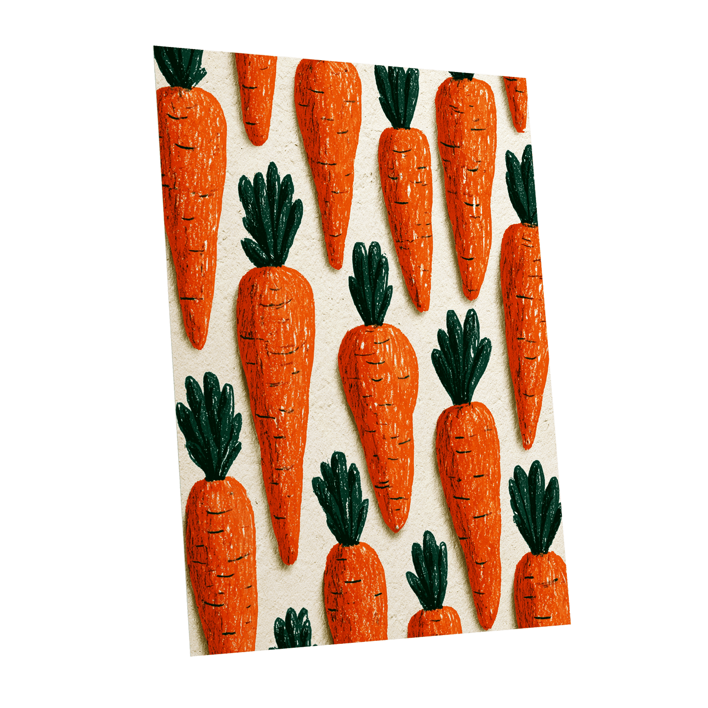 Carrot Patch Parade, orange, green, beige nature wall art shown as a unframed poster wall art print