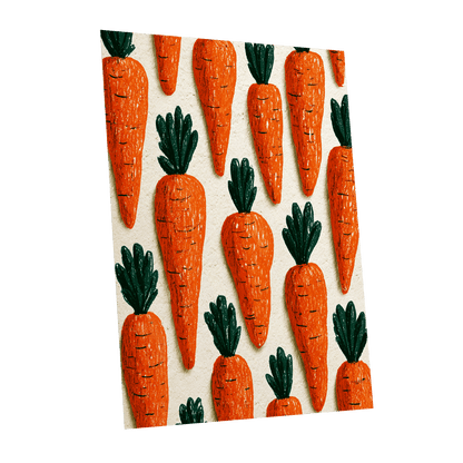 Carrot Patch Parade, orange, green, beige nature wall art shown as a unframed poster wall art print