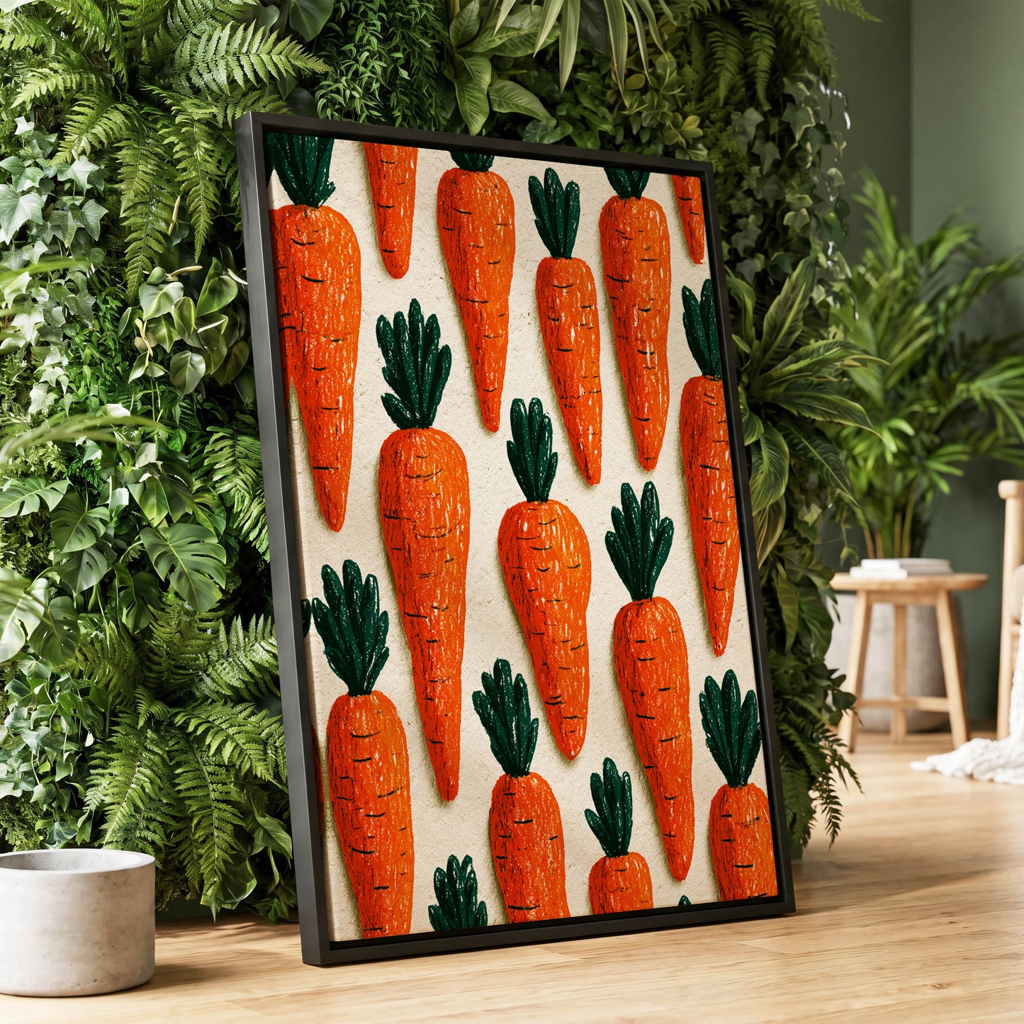 Carrot Patch Parade, orange, green, beige nature wall art displayed in a styled interior, gallery view 1