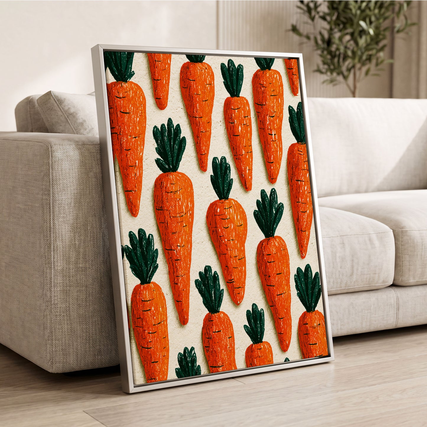 Carrot Patch Parade, orange, green, beige nature wall art displayed in a styled interior, gallery view 2