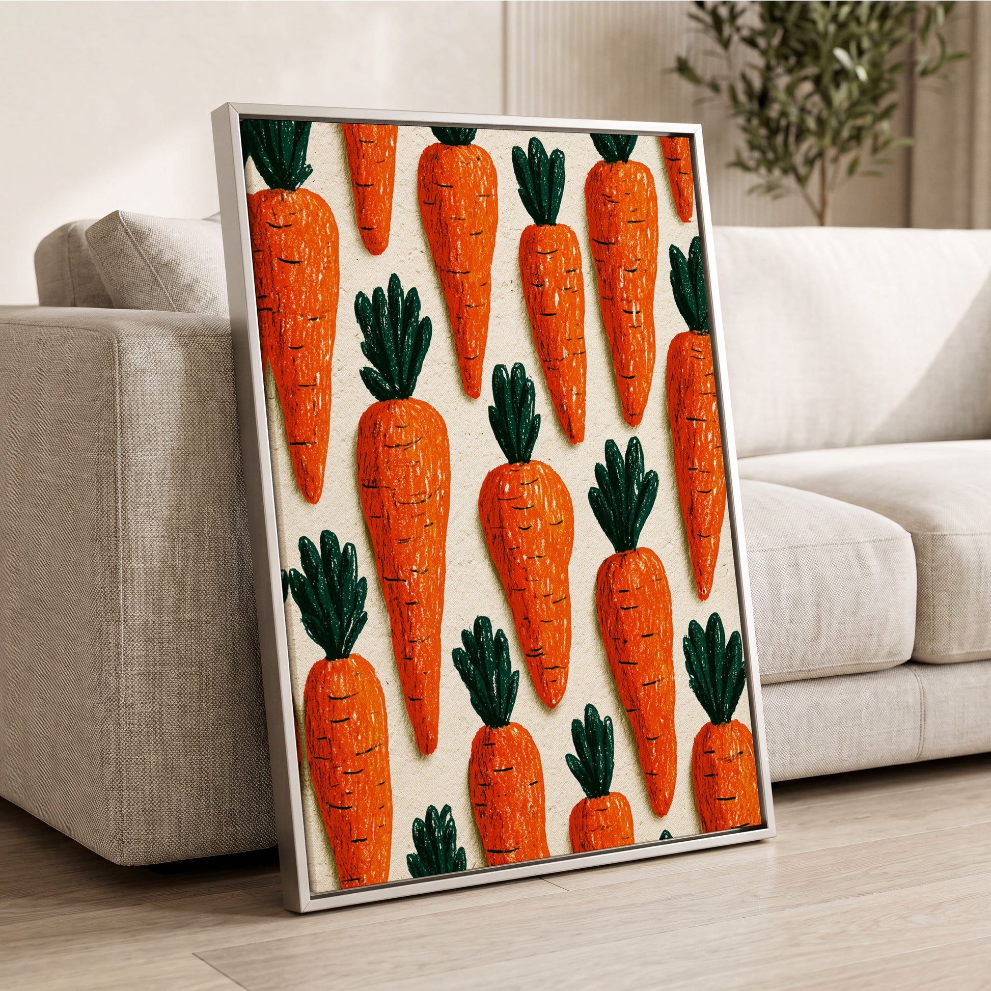 Carrot Patch Parade, orange, green, beige nature wall art displayed in a styled interior, gallery view 2