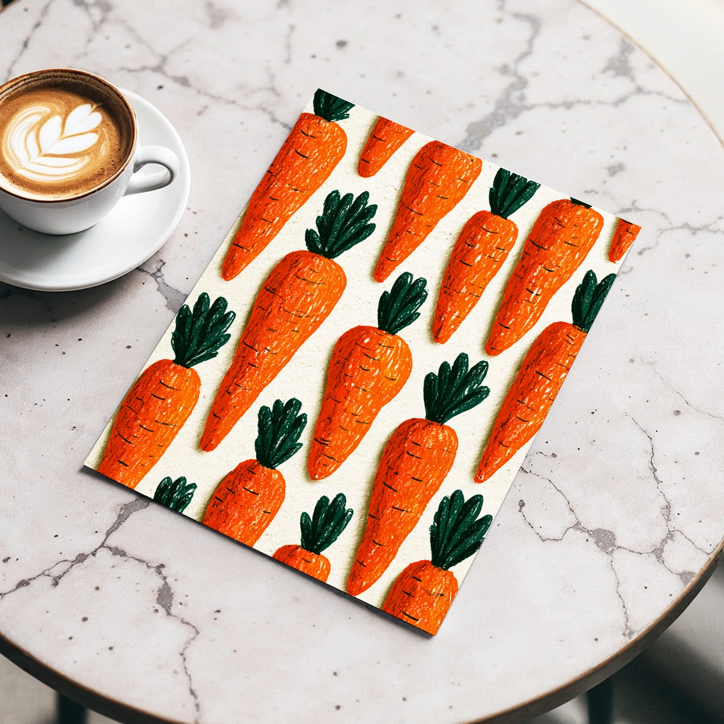 Carrot Patch Parade, orange, green, beige nature wall art displayed in a styled interior, gallery view 3