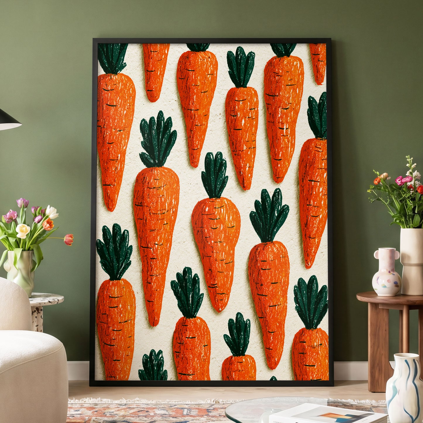 Carrot Patch Parade, orange, green, beige nature wall art displayed in a styled interior, gallery view 4