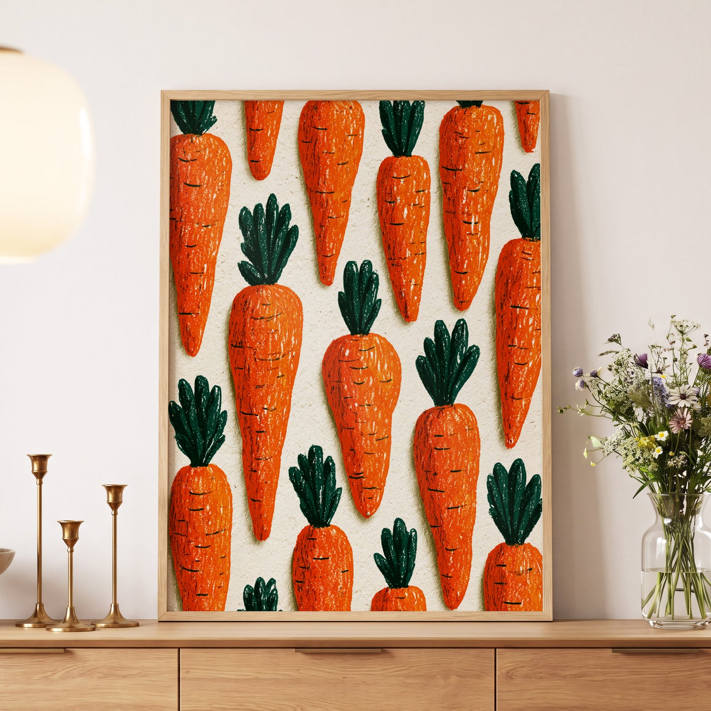 Carrot Patch Parade, orange, green, beige nature wall art displayed in a styled interior, gallery view 5