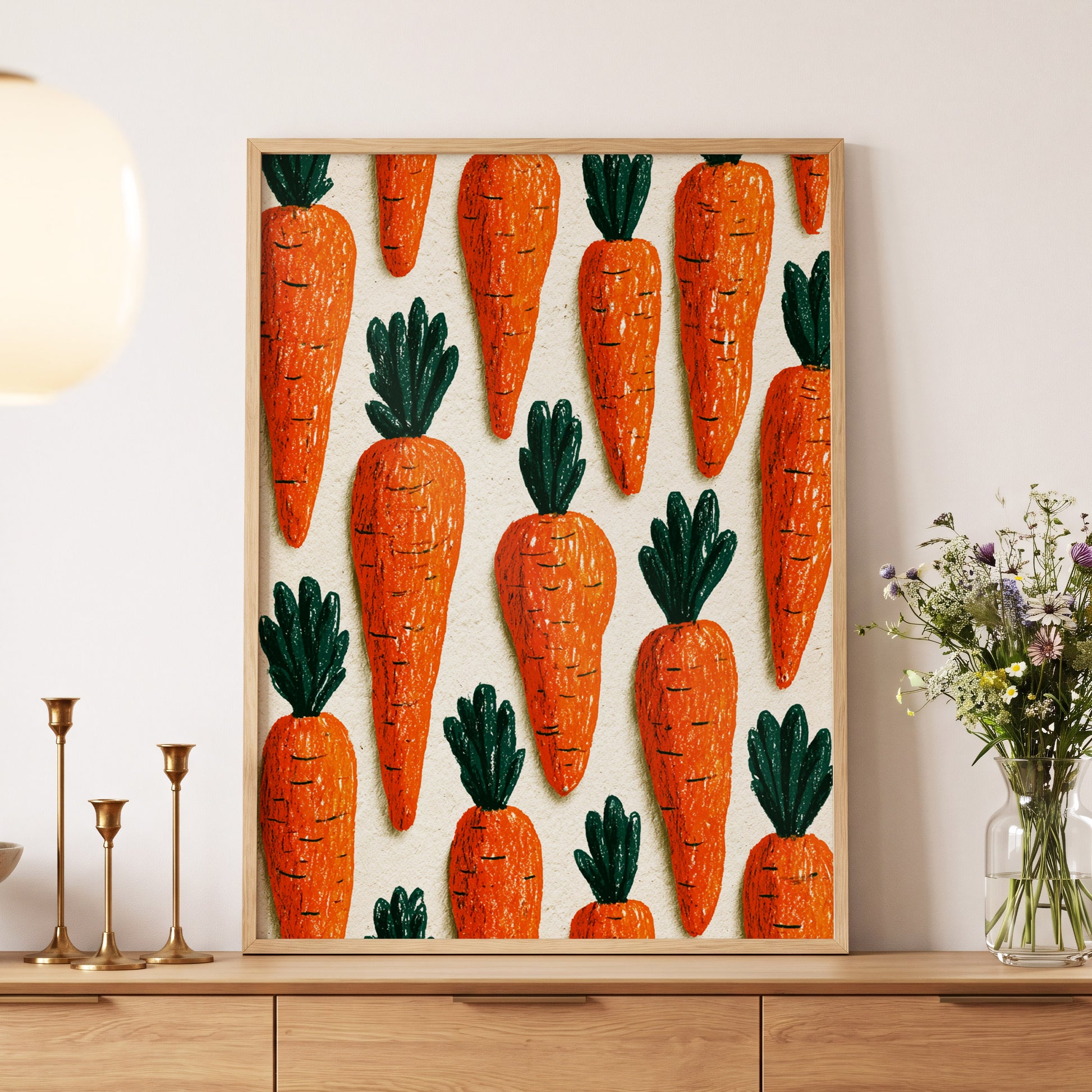 Carrot Patch Parade, orange, green, beige nature wall art displayed in a styled interior, gallery view 5