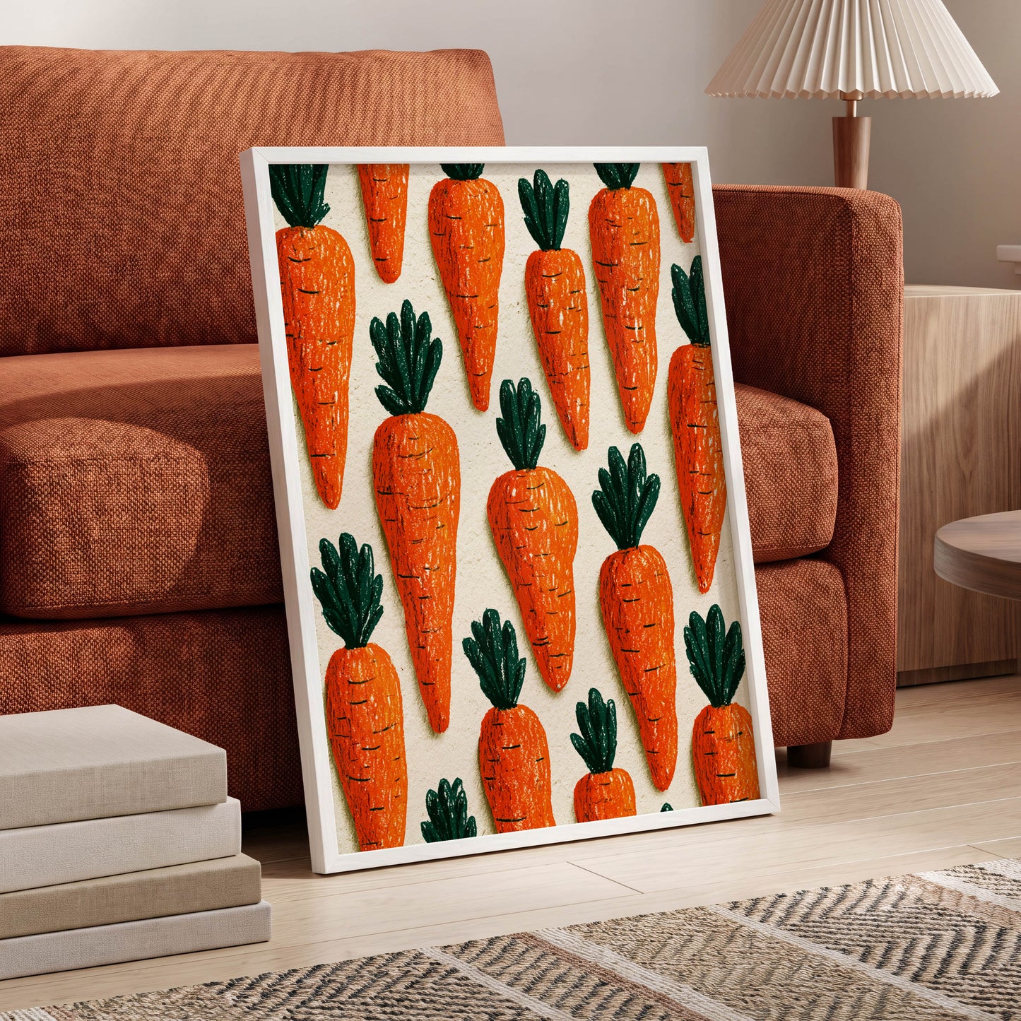 Carrot Patch Parade, orange, green, beige nature wall art displayed in a styled interior, gallery view 6