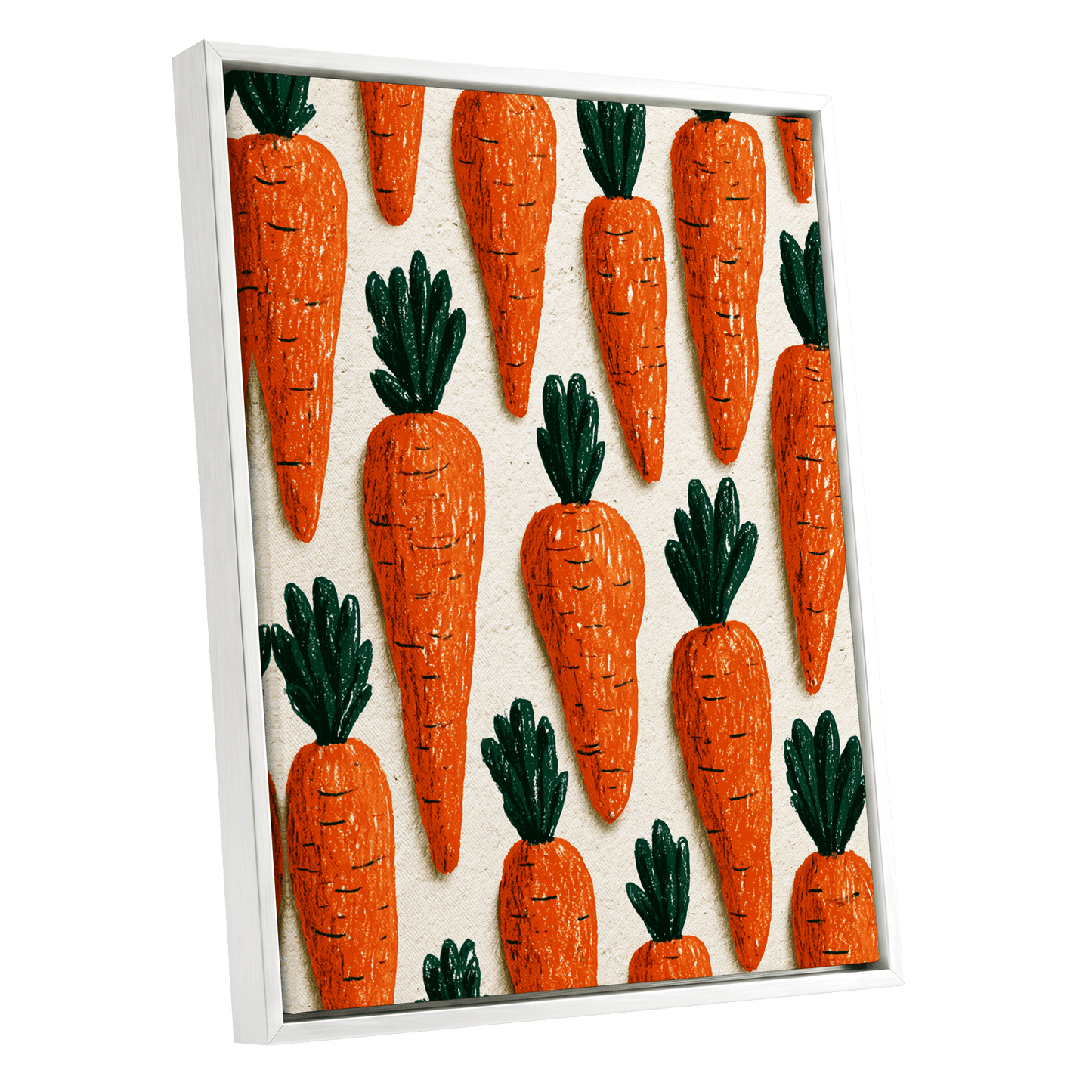 Carrot Patch Parade, orange, green, beige nature wall art shown as a white framed canvas wall art