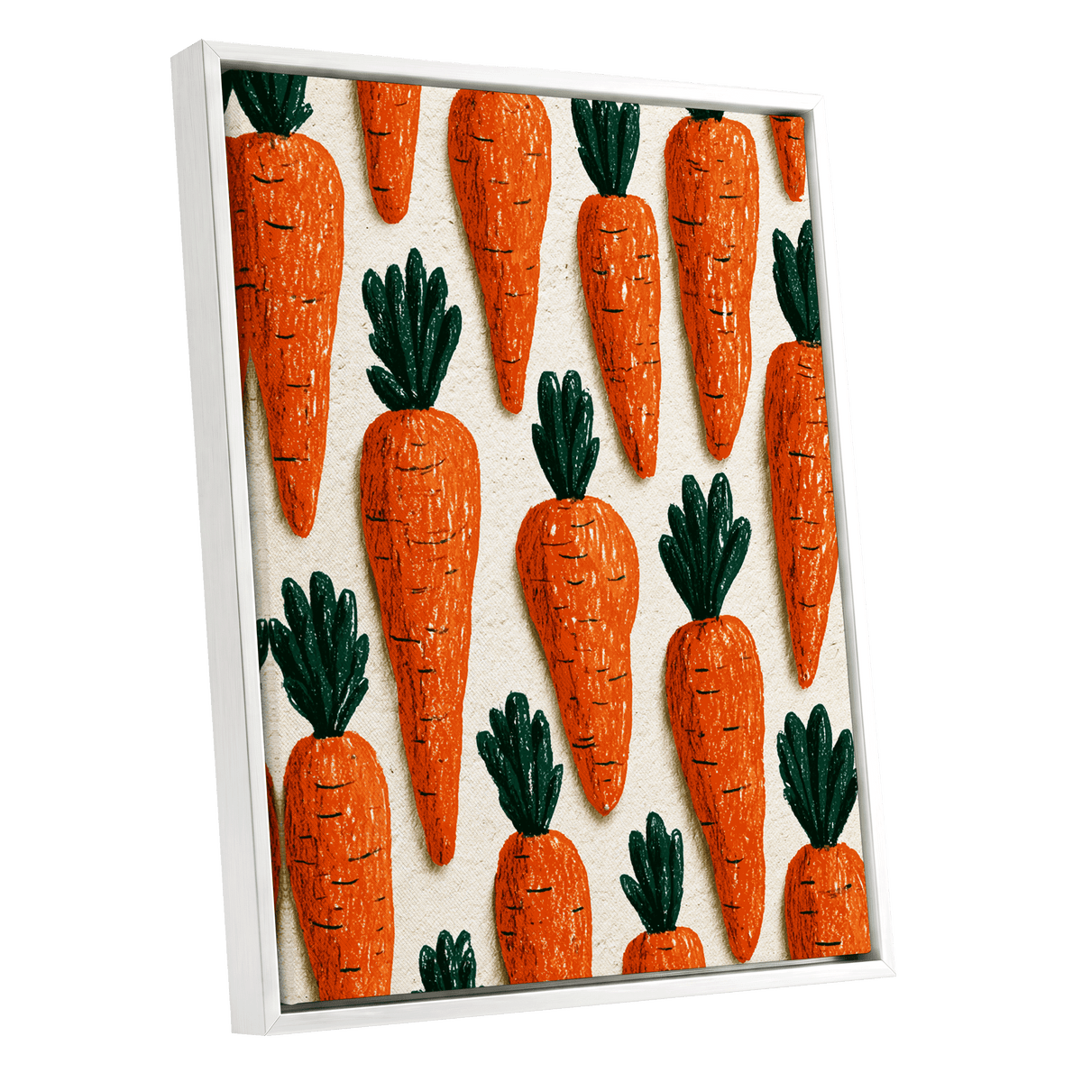 Carrot Patch Parade, orange, green, beige nature wall art shown as a white framed canvas wall art