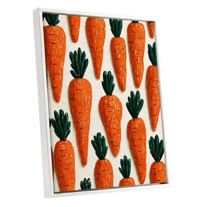 Carrot Patch Parade, orange, green, beige nature wall art shown as a white framed canvas wall art