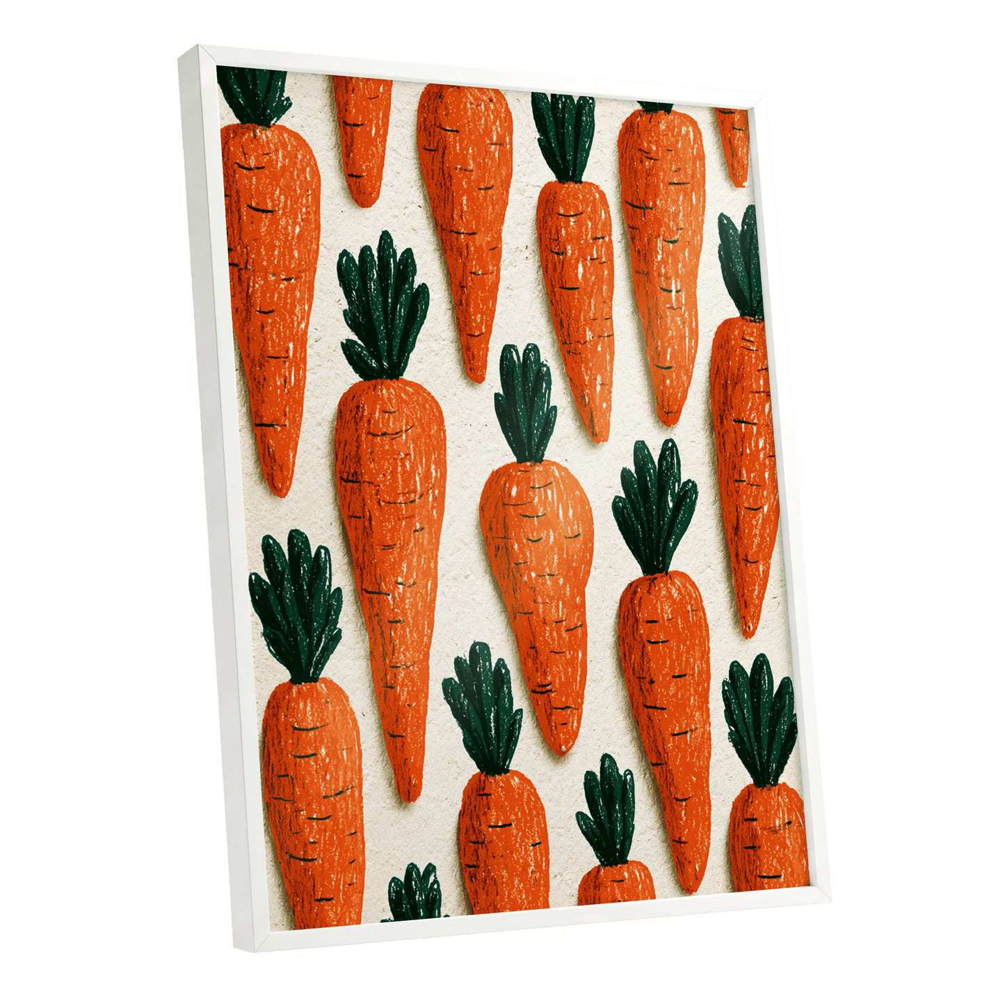 Carrot Patch Parade, orange, green, beige nature wall art shown as a white framed poster wall art print