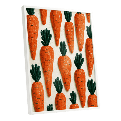 Carrot Patch Parade, orange, green, beige nature wall art shown as a white framed poster wall art print