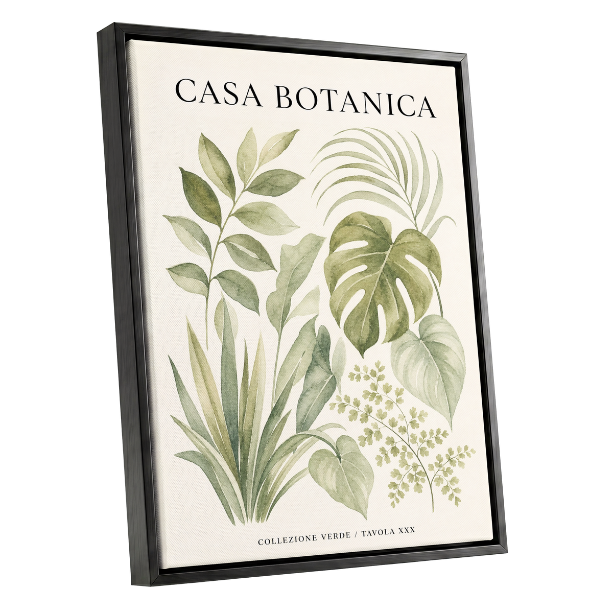 Casa Botanica Leaves, green, beige, black nature wall art shown as a black framed canvas wall art