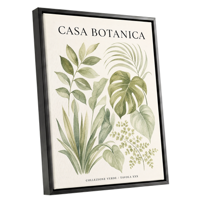 Casa Botanica Leaves, green, beige, black nature wall art shown as a black framed canvas wall art