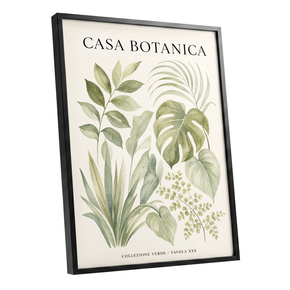 Casa Botanica Leaves, green, beige, black nature wall art shown as a black framed poster wall art print