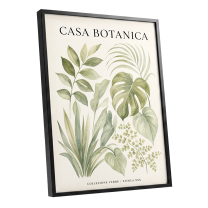 Casa Botanica Leaves, green, beige, black nature wall art shown as a black framed poster wall art print