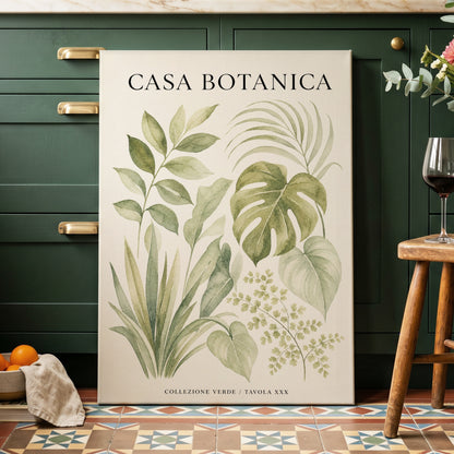 Casa Botanica Leaves, green, beige, black nature wall art on canvas displayed in a styled interior, gallery view 1
