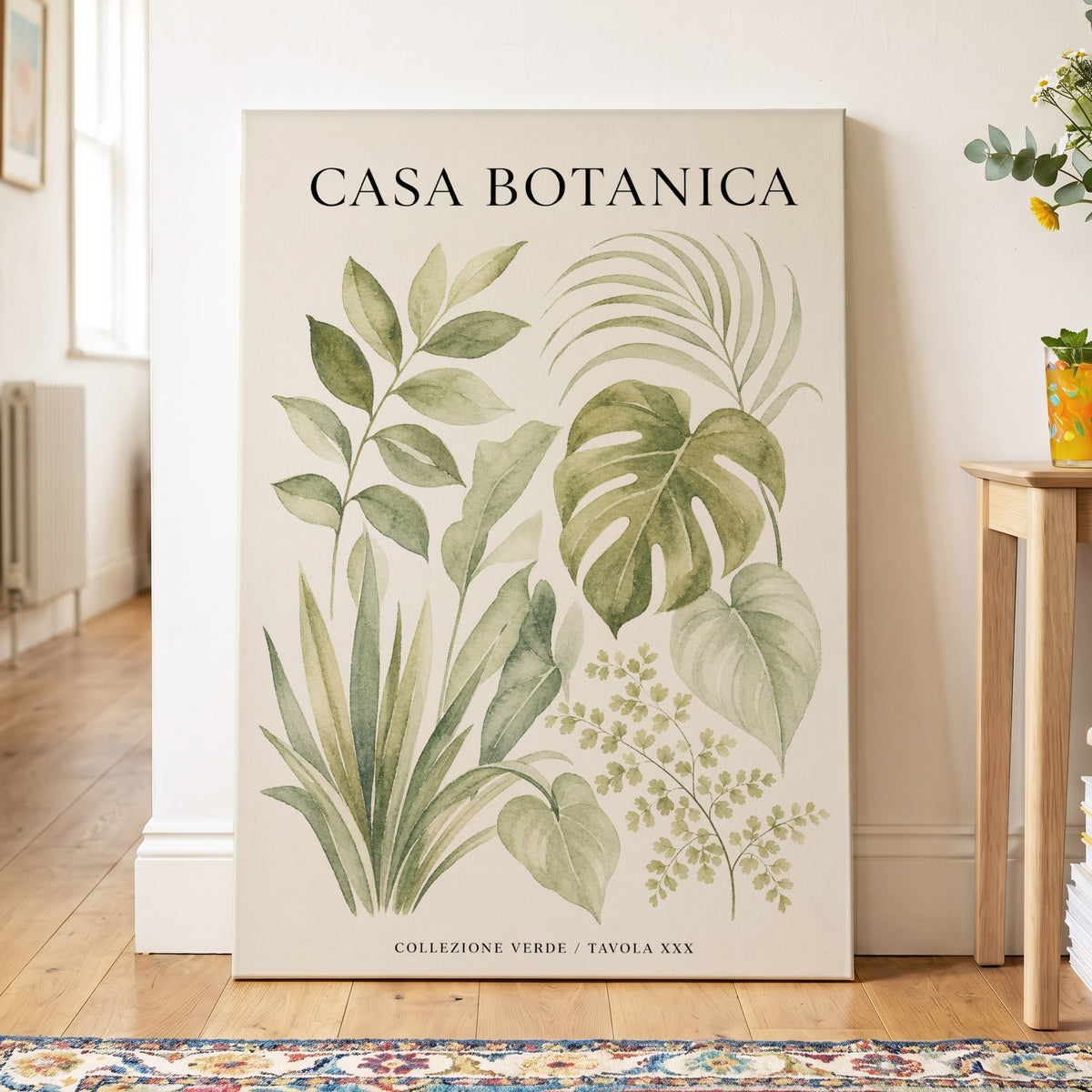 Casa Botanica Leaves, green, beige, black nature wall art on canvas displayed in a styled interior, gallery view 2