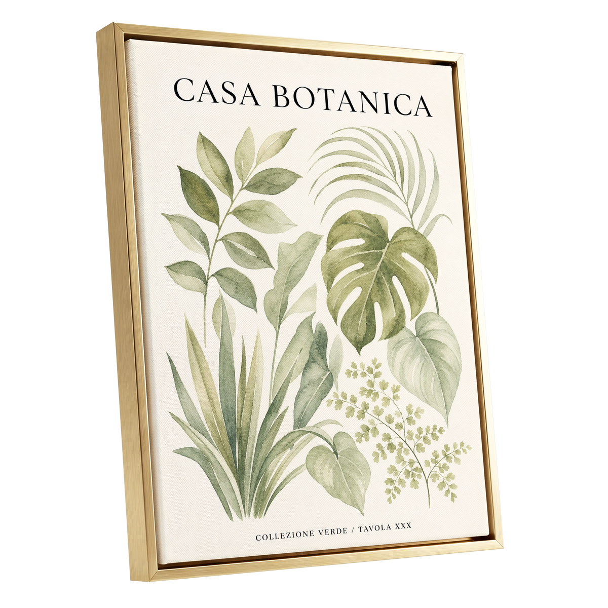 Casa Botanica Leaves, green, beige, black nature wall art shown as a gold framed canvas wall art