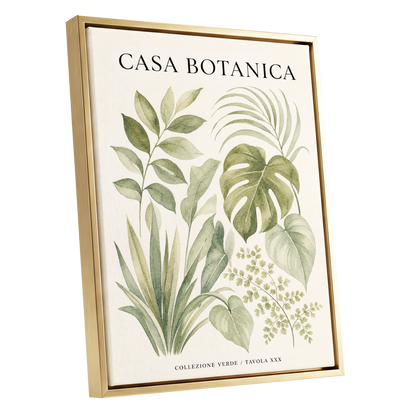 Casa Botanica Leaves, green, beige, black nature wall art shown as a gold framed canvas wall art