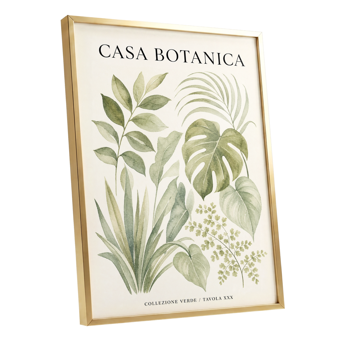 Casa Botanica Leaves, green, beige, black nature wall art shown as a gold framed poster wall art print