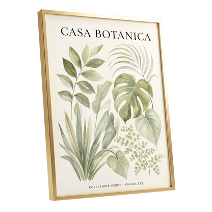 Casa Botanica Leaves, green, beige, black nature wall art shown as a gold framed poster wall art print